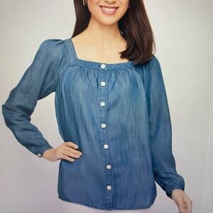Talbots Chambre Denim Square Neck Top Balloon Sleeves Size L